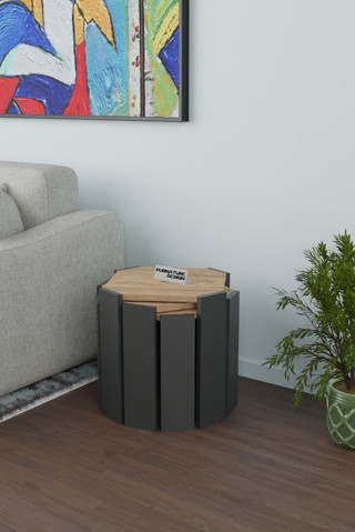 Sekizgen Üçlü Zigon Sehpa Seti Sunta Yan Sehpa Atlantik Çam - Antrasit