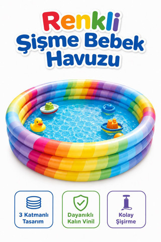 Marevia 150x29 Cm Gökkuşağı Desenli 3 Boğumlu Şişme Çocuk Havuzu 2-6 Yaş 