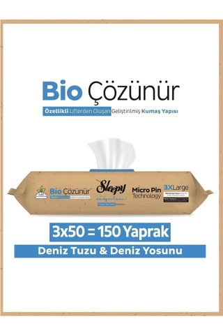 Sleepy Bio Çözünür Yüzey Temizlik Havlusu&Mendili Deniz Tuzu&Yosun 3x50 (150 Yaprak)