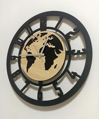 Ahşap Dekoratif Dünya Haritası Duvar Saati 40cm Hediyelik Duvar Saati