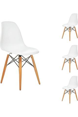 Seduna Beyaz Eames Sandalye Natural Ahşap Ayaklı 4 Adet