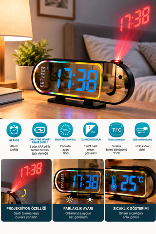 LED Dijital Masa Saati Şık Tasarım Alarm Özelliği Parlaklık Ayarı Sıcaklık ve 12 24 Saat Gösterimi