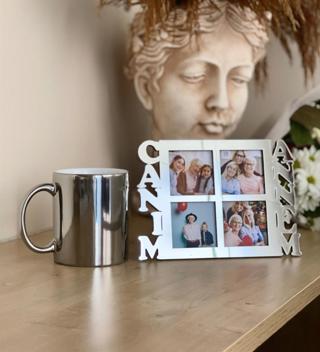 Canım Annem 4 Fotoğraf Standlı Mdf Gümüş Çerçeve Ve Gümüş Kupa Set