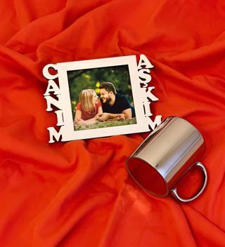 Canım Aşkım Fotoğraf Standlı Mdf Gümüş Çerçeve Ve Gümüş Kupa Set