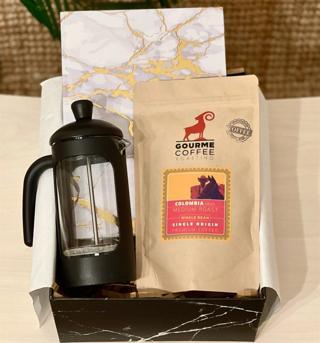 Altın Varak Tasarımlı Ajanda French Press & Filtre Kahveli Sevgiliye Hediye Seti