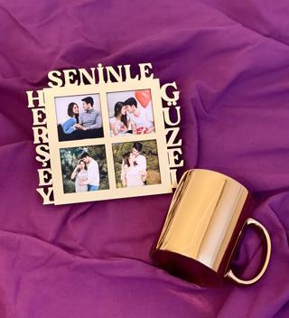 Herşey Seninle Güzel 4 Fotoğraf Standlı Mdf Gold Çerçeve Ve Gold Kupa Set