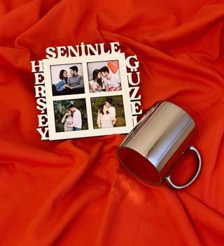 Herşey Seninle Güzel 4 Fotoğraf Standlı Mdf Gümüş Çerçeve Ve Gümüş Kupa Set
