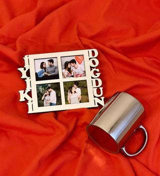 İyiki Doğdun 4 Fotoğraf Standlı Mdf Gümüş Çerçeve Ve Gümüş Kupa Set