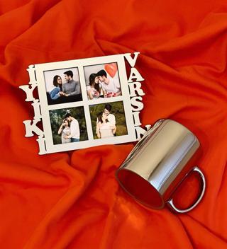 İyiki Varsın 4 Fotoğraf Standlı Mdf Gümüş Çerçeve Ve Gümüş Kupa Set
