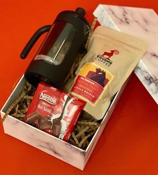 Özel Kutulu Çikolata French Press & Filtre Kahve Kadınlara Özel Hediye Seti