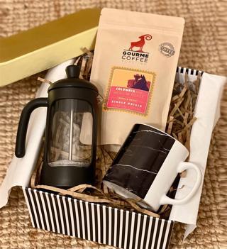 Siyah Mermer French Press & Filtre Kahveli Sevgiliye Hediye Seti