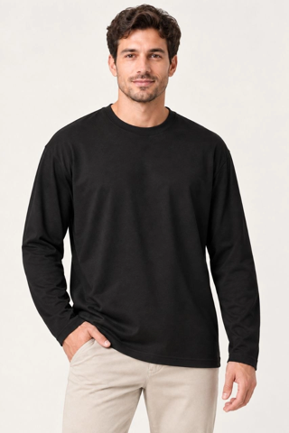 Erkek Modal Yumuşak Dokulu Bisiklet Yaka Uzun Kollu Tişört Sweatshirt - Siyah