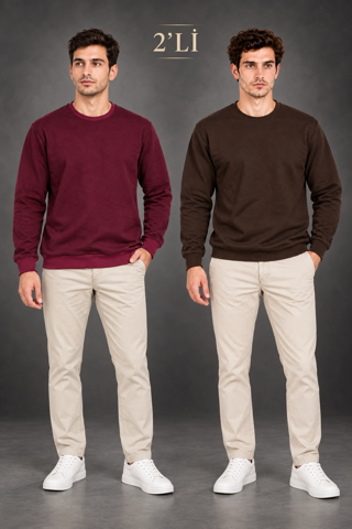 Erkek 2'Li Bisiklet Yaka İçi Şardonlu 2 İplik Düz Uzun Kollu Regular Fit Sweatshirt -Bordo & Ka