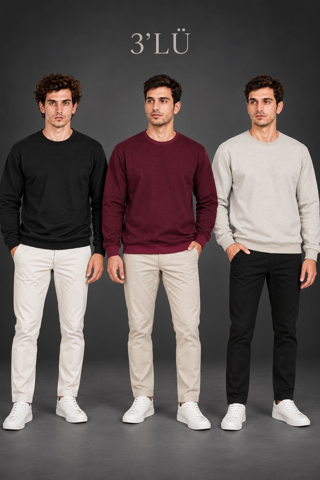 Erkek 3'Lü Bisiklet Yaka İçi Şardonlu 2 İplik Düz Uzun Kollu Regular Fit Sweatshirt - Siyah - 
