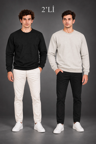 Erkek 2'Li Bisiklet Yaka İçi Şardonlu 2 İplik Düz Uzun Kollu Regular Fit Sweatshirt - Siyah & G