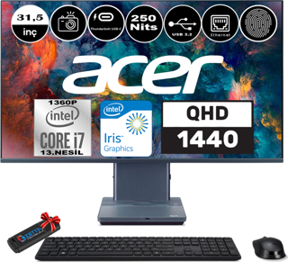 Acer Aspıre S32-1856 I7-1360P 32GB 2tb SSD 31,5" Quad Hd 1440P Windows 11 Home Touchpad Parmak Izi Okuyucu WHDQBL6EM006