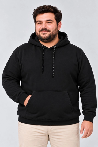 Erkek Battal Büyük Beden Üç İplik İçi Şardonlu Kapüşonlu Kanguru Cepli Kışlık Sweatshir