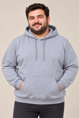 Erkek Battal Büyük Beden Üç İplik İçi Şardonlu Kapüşonlu Kanguru Cepli Kışlık Sweatshir