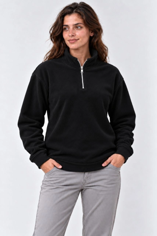 Kadın Polar Dik Yaka Yarım Fermuarlı Uzun Kollu Regular Fit Kışlık Sweatshirt - Siyah