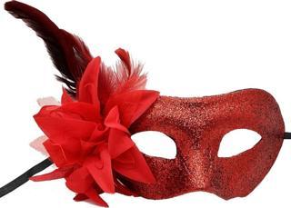 Kırmızı Renk Metalize Sim Görünümlü Parlak Tüylü Parti Maskesi 22x19 cm