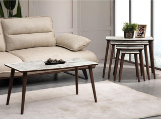 Vovvahome Vega 4'lü Mdf Ahşap Zigon Sehpa Ve Orta Sehpa Seti - Beyaz Mermer Desenli