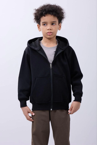 Erkek Çocuk Kapüşonlu Kanguru Çepli Tam Fermuarlı Hırka SweatShirt - Siyah