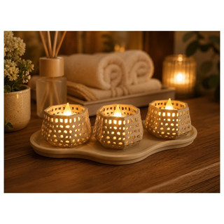 Alvera Dekoratif Mumluk Seti – Desenli Tealight ve Masaüstü Aydınlatma Objesi - Bej