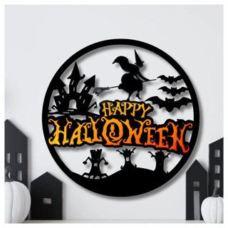Alvera Decor Happy Halloween Yuvarlak Duvar Panosu Cadı Şato Yarasa Silüetli Kapı Süsü Duvar Dekoru Siyah