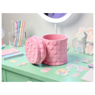 Alvera Kabartma Kalp Desenli Kapaklı Kalemlik – 3D Baskı Masaüstü Organizer - Pembe