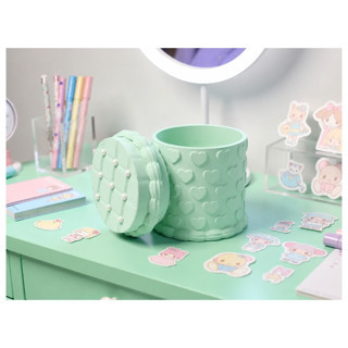 Alvera Kabartma Kalp Desenli Kapaklı Kalemlik – 3D Baskı Masaüstü Organizer - Mint