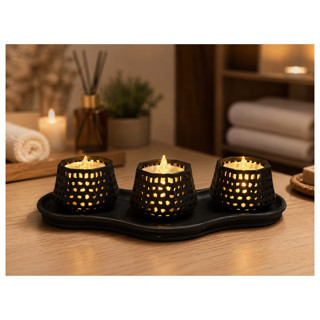 Alvera Dekoratif Mumluk Seti – Desenli Tealight ve Masaüstü Aydınlatma Objesi - Siyah