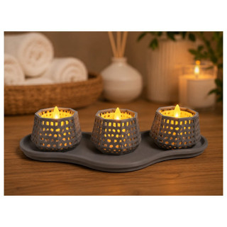 Alvera Dekoratif Mumluk Seti – Desenli Tealight ve Masaüstü Aydınlatma Objesi - Gri