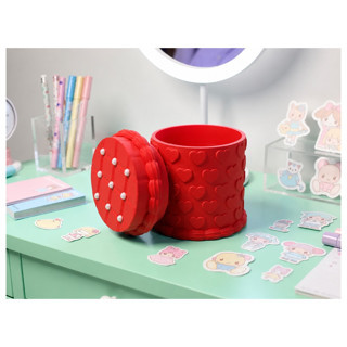 Alvera Kabartma Kalp Desenli Kapaklı Kalemlik – 3D Baskı Masaüstü Organizer - Kırmızı