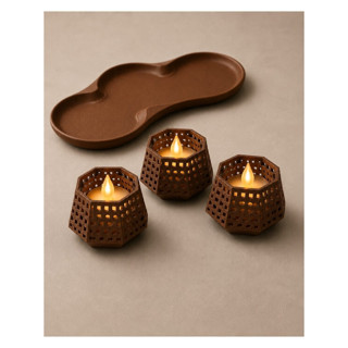 Alvera Dekoratif Mumluk Seti – Desenli Tealight ve Masaüstü Aydınlatma Objesi - Kahverengi