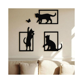 Alvera Kedi ve Kelebek Duvar Dekoru 3'lü Set Siyah Kedi Silüeti Duvar Süsü