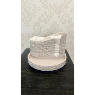 Alvera Çiçek Kabartmalı Makyaj Pamuğu ve Kulak Çubuğu Tutucu Takı Tepsili Banyo Düzenleyici - Krem Beyaz