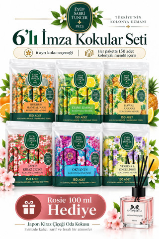 Eyüp Sabri Tuncer 150’li Kolonyalı Mendil 6’lı İmza Kokular Seti + Rosie 100 ml Japon Kiraz Çiçeği Hediye