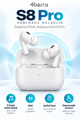 S8 Pro Bluetooth 5.3 Kablosuz Kulak İçi Kulaklık - ANC, Şeffaf Modlu, Dokunmatik, Oyun Modlu - Beyaz