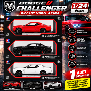 Dodge Challenger 1/24 Ölçek Sesli Işıklı Metal Model Araba Çek Bırak Mekanizmalı 1 ADET