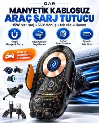 C13 Kablosuz Şarjlı Araç Telefon Tutucu Otomatik Açılıp Kapanan Kollu 360° Dönebilen Şeffaf Tasarım Metal Gövdeli Araç İ