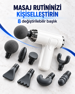 8 Başlıklı Şarjlı Masaj Tabancası Kablosuz Derin Doku Kas Masaj Aleti Taşınabilir Sporcu Masaj Cihazı Beyaz