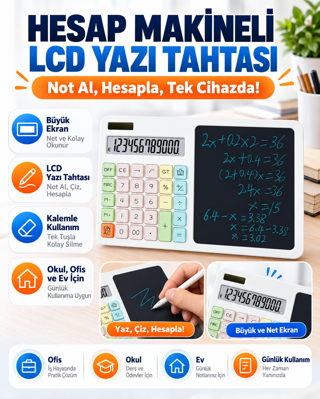 12 Haneli Güneş Enerjili Hesap Makinesi LCD Yazı Tabletli Kalemli Pastel Renkli Masaüstü Hesap Makinesi Not Tableti