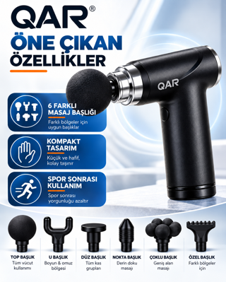 QAR Masaj Tabancası 6 Başlıklı Derin Doku Kas Masaj Aleti Sessiz Çalışan Şarjlı Taşınabilir Sporcu Masaj Cihazı Siyah