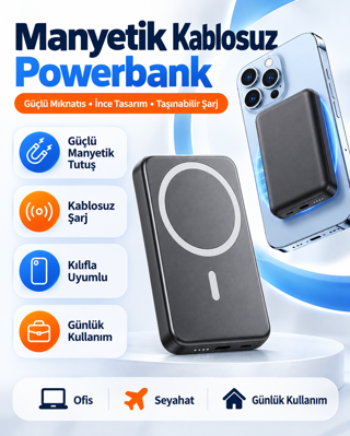 İphone 12/13/14/15/16/17/18  Uyumlu Magsafe Battery Pack 5000 Mah Powerbank Kablosuz Wireless Batarya Şarj Aleti