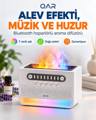 Alev Efektli Aroma Difüzör Beyaz Gürültü Sesli Hoparlörlü 7 Renk LED Işıklı Dekoratif Hava Nemlendirici Buhar Makinesi S