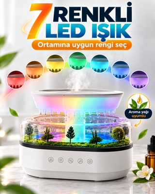 Yağmur Damlası Efektli Aroma Difüzör Hava Nemlendirici Orman Manzaralı Dekoratif Esansiyel Yağ Uyumlu Dokunmatik Tuşlu O