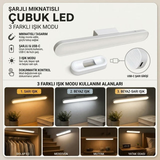 Lunaev Şarjlı Manyetik LED Çubuk Lamba – 3 Modlu