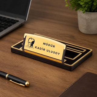Kişiye Özel Atatürk Silüetli Ahşap Gold Masa İsimliği - Müdüre, Yöneticiye Ofis Hediyesi Lüks İsimlik
