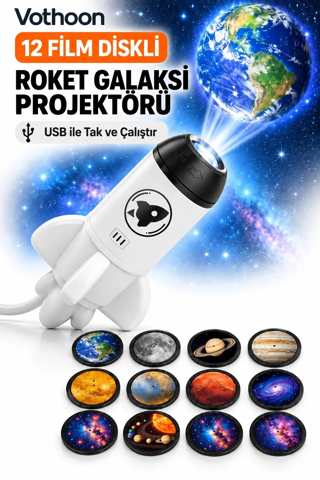 zeyta12 12 Film Diskli Roket Galaksi Projektörü Usb Tak Çalıştır Uzay Ve Gezegen Projeksiyon G