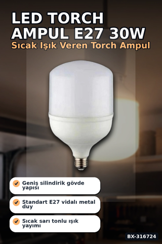 LED Torch Ampul 30W E27 Duy 3200K Gün Işığı 2930 Lümen Güçlü İç Mekan Aydınlatma BX-3167